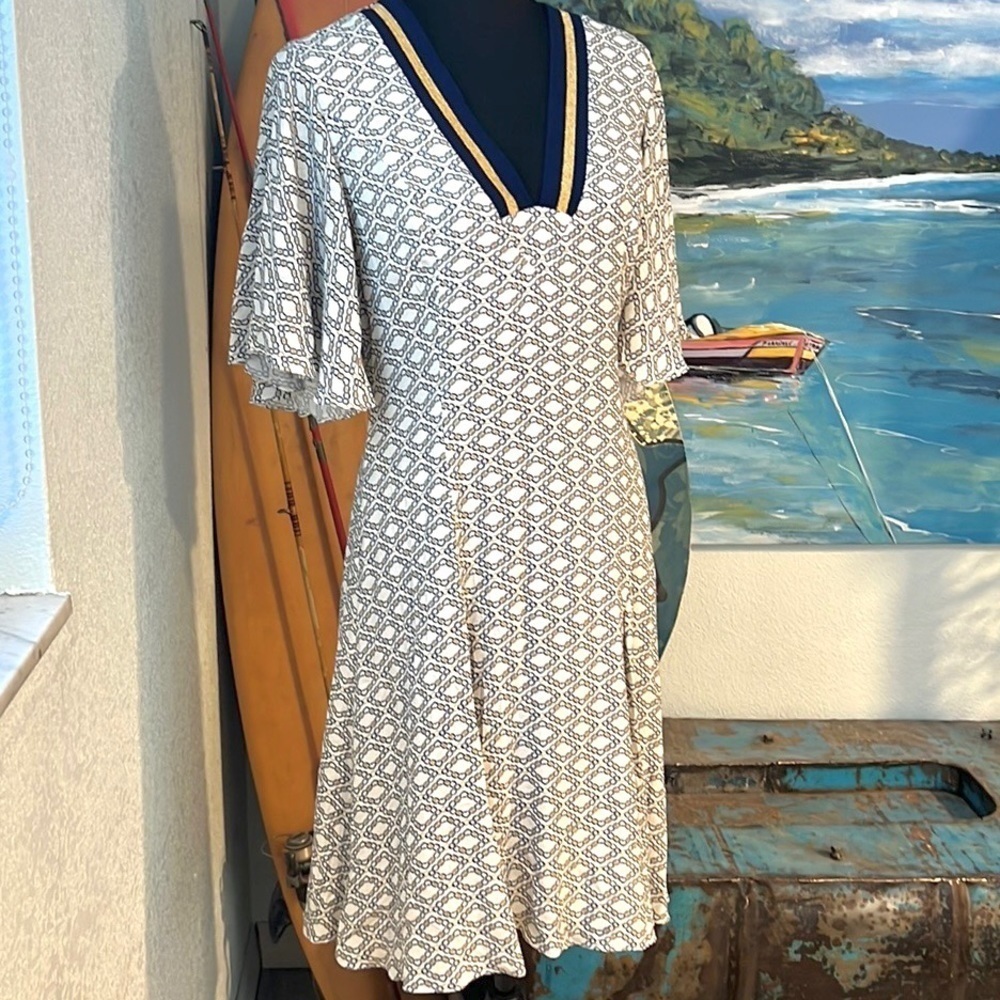 Elegant White and Blue Patterned Dress